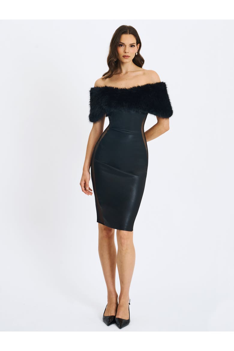 fur midi dress Long Sleeve Fur Bardot Midi Dress Burgundy
