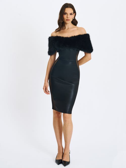 Miss Circle Bellis Faux Fur Trim Mesh Panel Off-shoulder Midi Dress In Black
