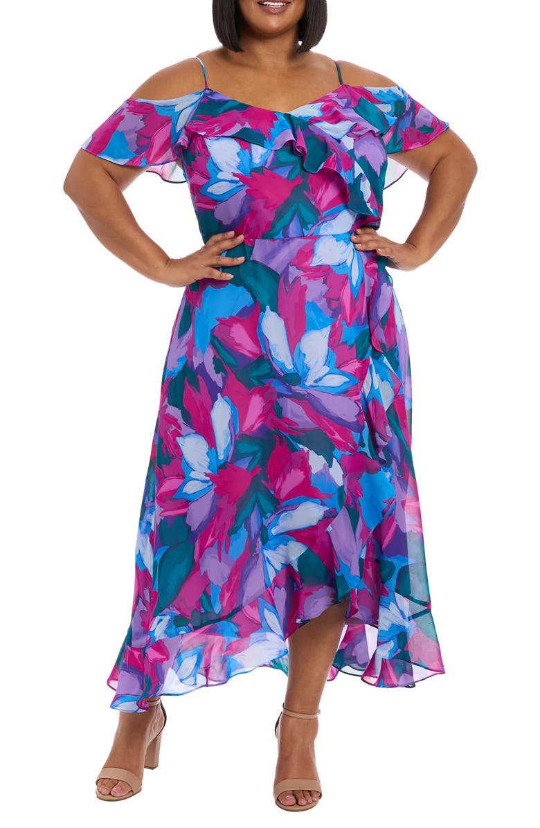 London Times Floral Cold Shoulder Chiffon Maxi Dress, Main, color,