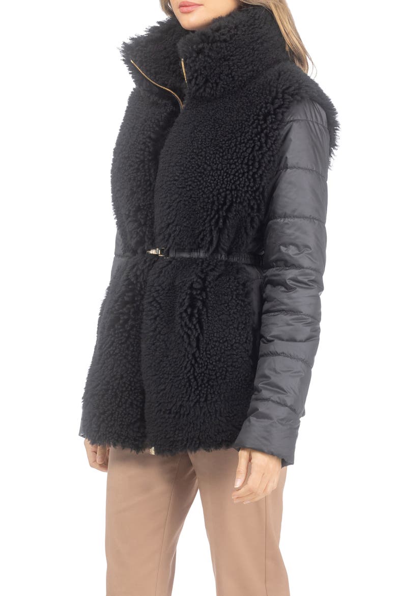 Genuine Shearling Jacket with Quilted Sleeves and Back, Belt, Alternate, color, Black