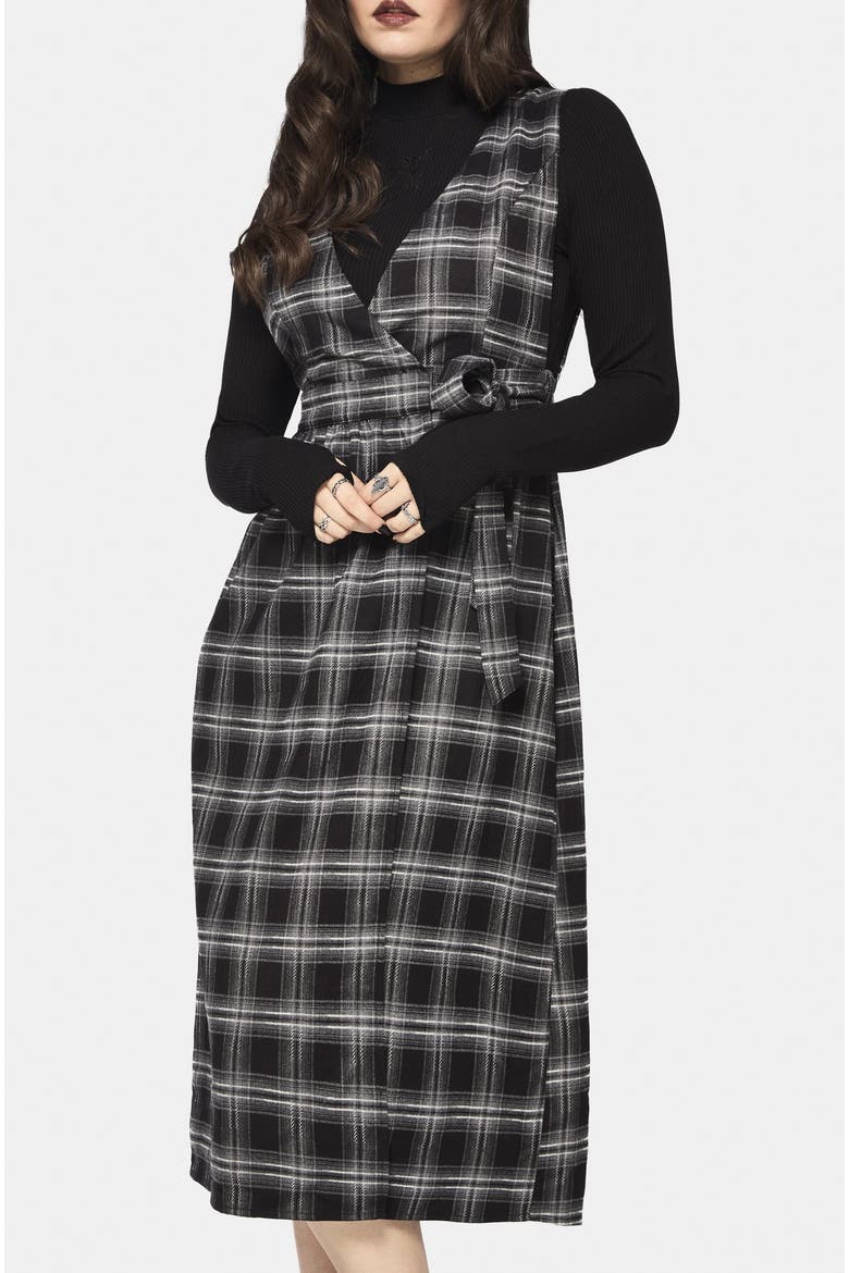 Lochan Check Wrap Pinafore Midi Dress, Alternate, color, Black