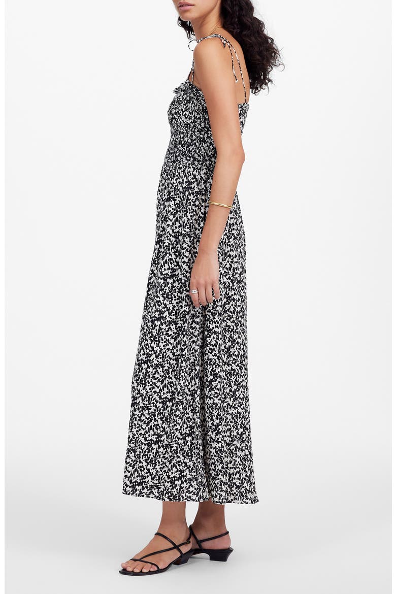 Floral Smocked Square Neck Midi Sundress, Alternate, color, ABSTRACT LEAF BLACK IVORY