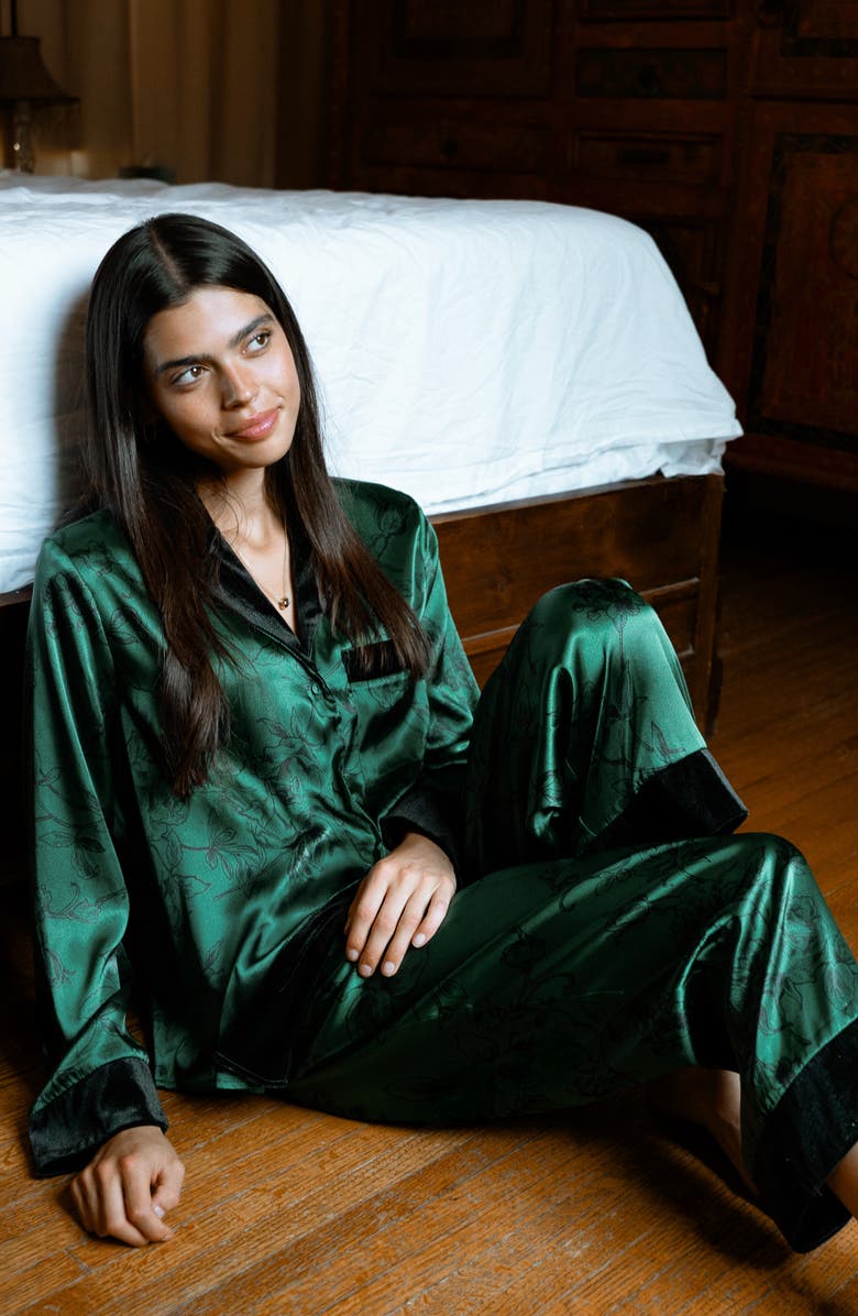 In Bloom by Jonquil Velvet Trim Floral Print Satin Pajamas, Alternate, color, Pine