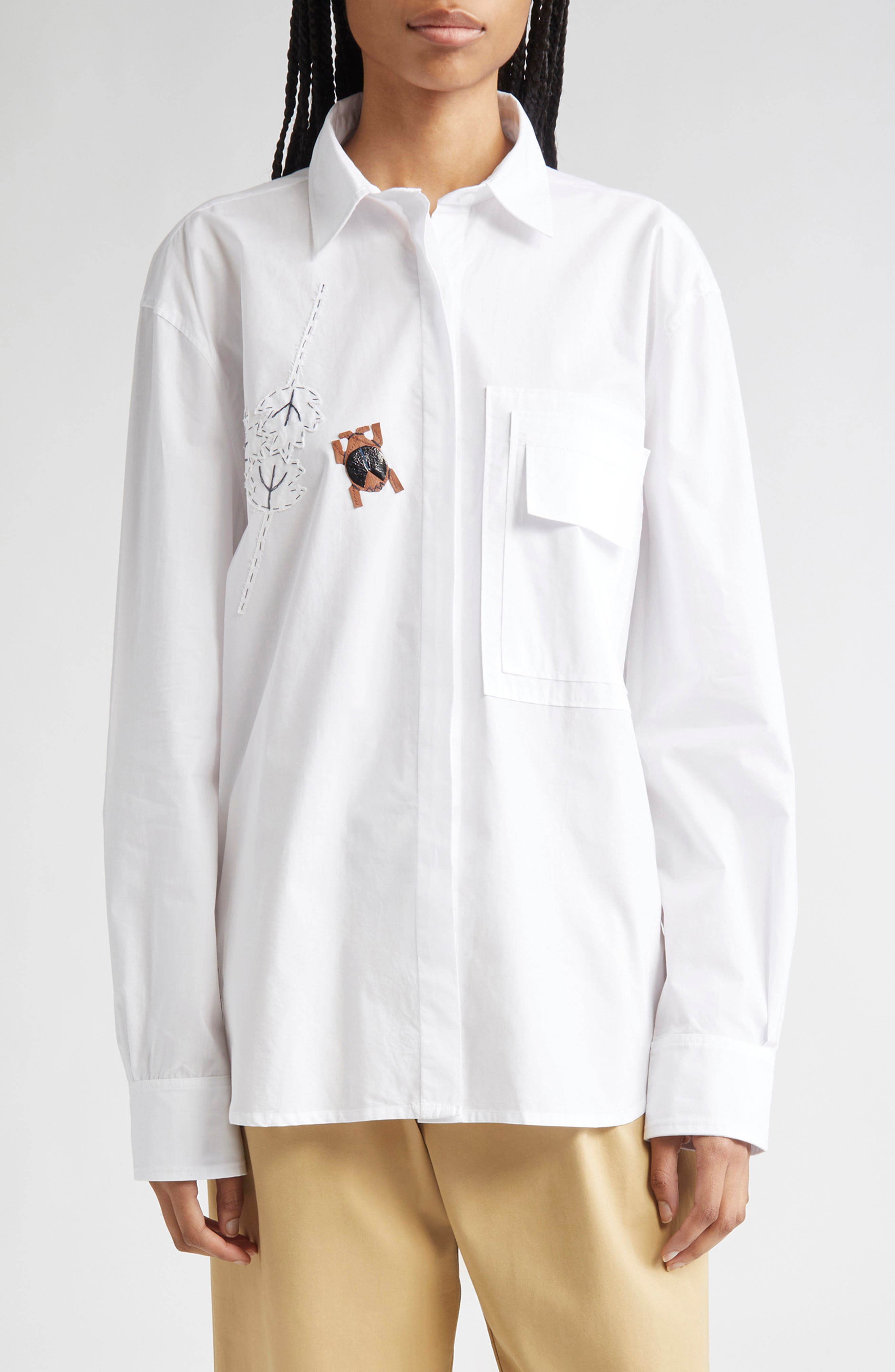Beetle Embroidered Oversize Cotton Poplin Button-Up Shirt