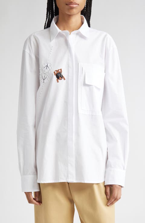 Beetle Embroidered Oversize Cotton Poplin Button-Up Shirt