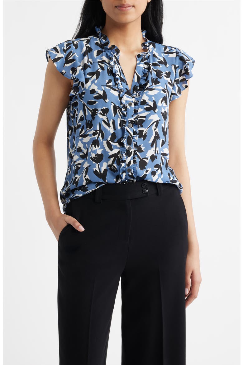 Abstract Floral V-Neck Button-Up Knit Top, Main, color, BLUE JAY MULTI