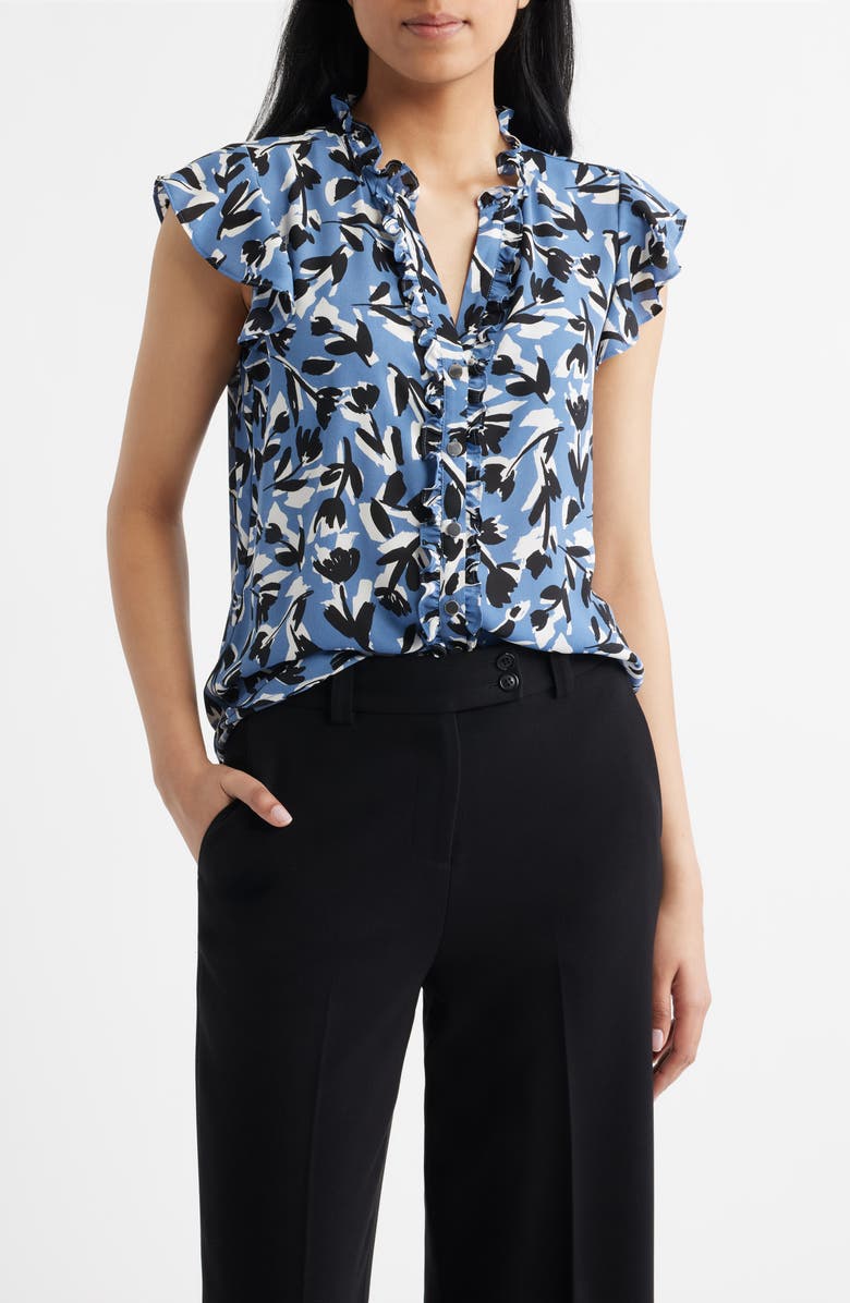 AK ANNE KLEIN Abstract Floral V-Neck Button-Up Knit Top, Main, color, Blue Jay Multi