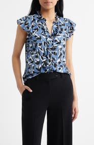 AK ANNE KLEIN Abstract Floral V-Neck Button-Up Knit Top