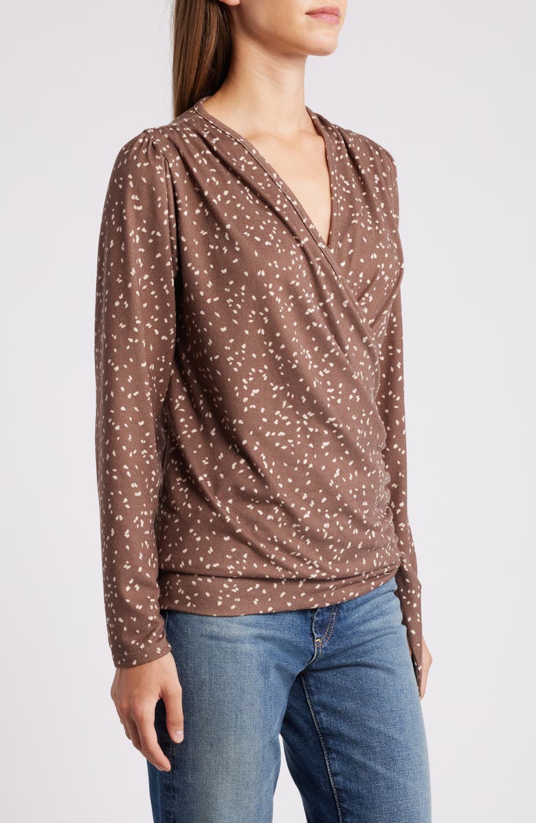 Loveappella Dot Print Faux Tie Wrap Top, Alternate, color, Taupe/ Nat