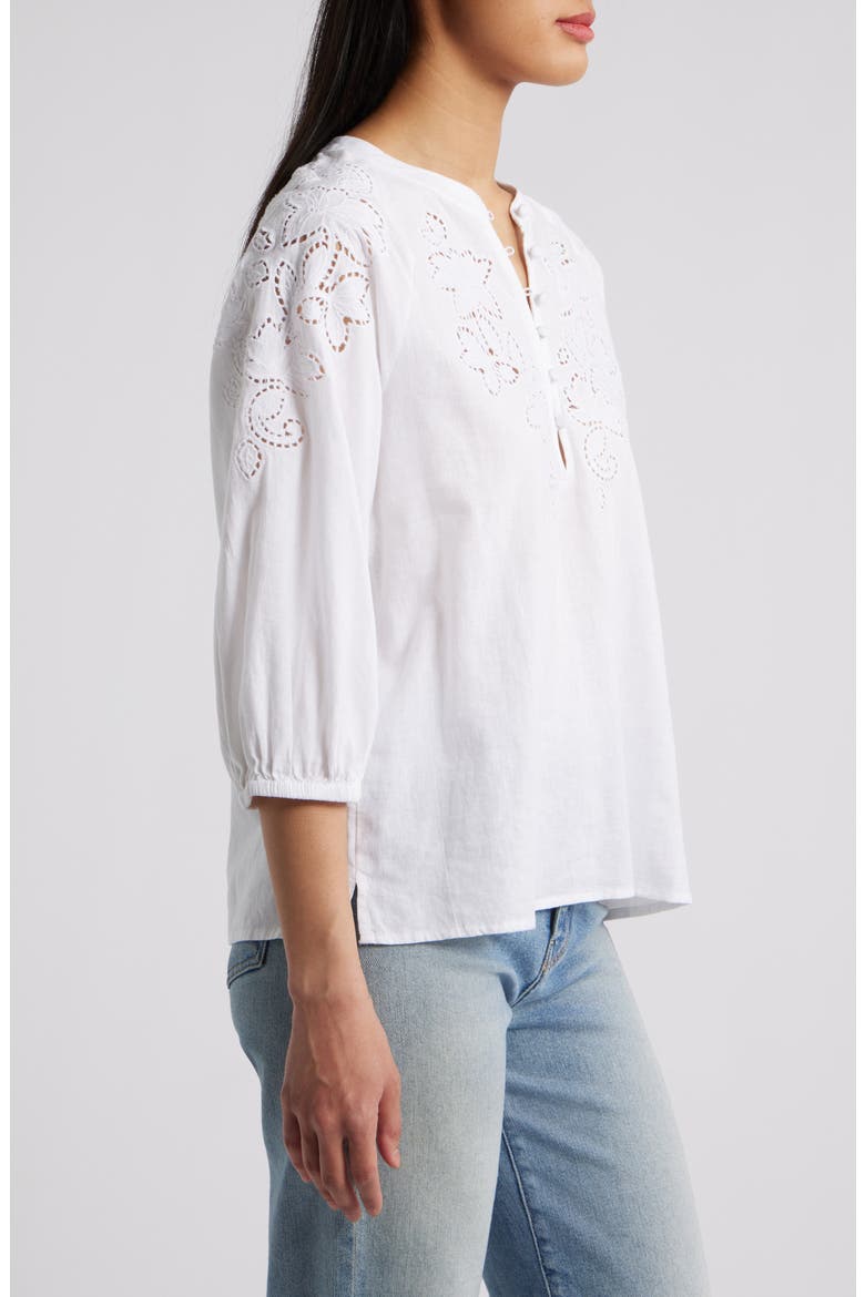 Embroidered Cutwork Split Neck Linen Blend Popover Top, Alternate, color, WHITE