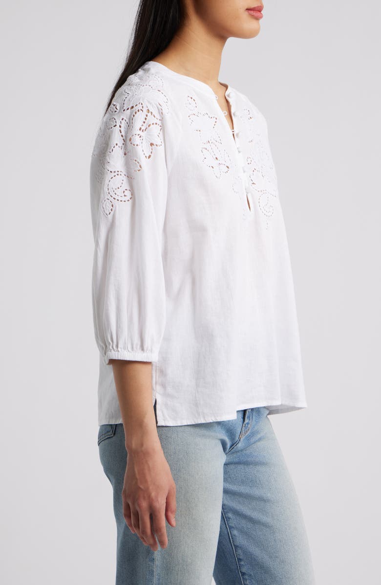 Caslon<sup>®</sup> Embroidered Cutwork Split Neck Linen Blend Popover Top, Alternate, color, White
