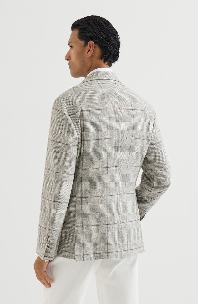 Brunello Cucinelli Silk, wool and cashmere Prince of Wales flannel deconstructed Cavallo blazer with metal buttons, Alternate, color, Grey