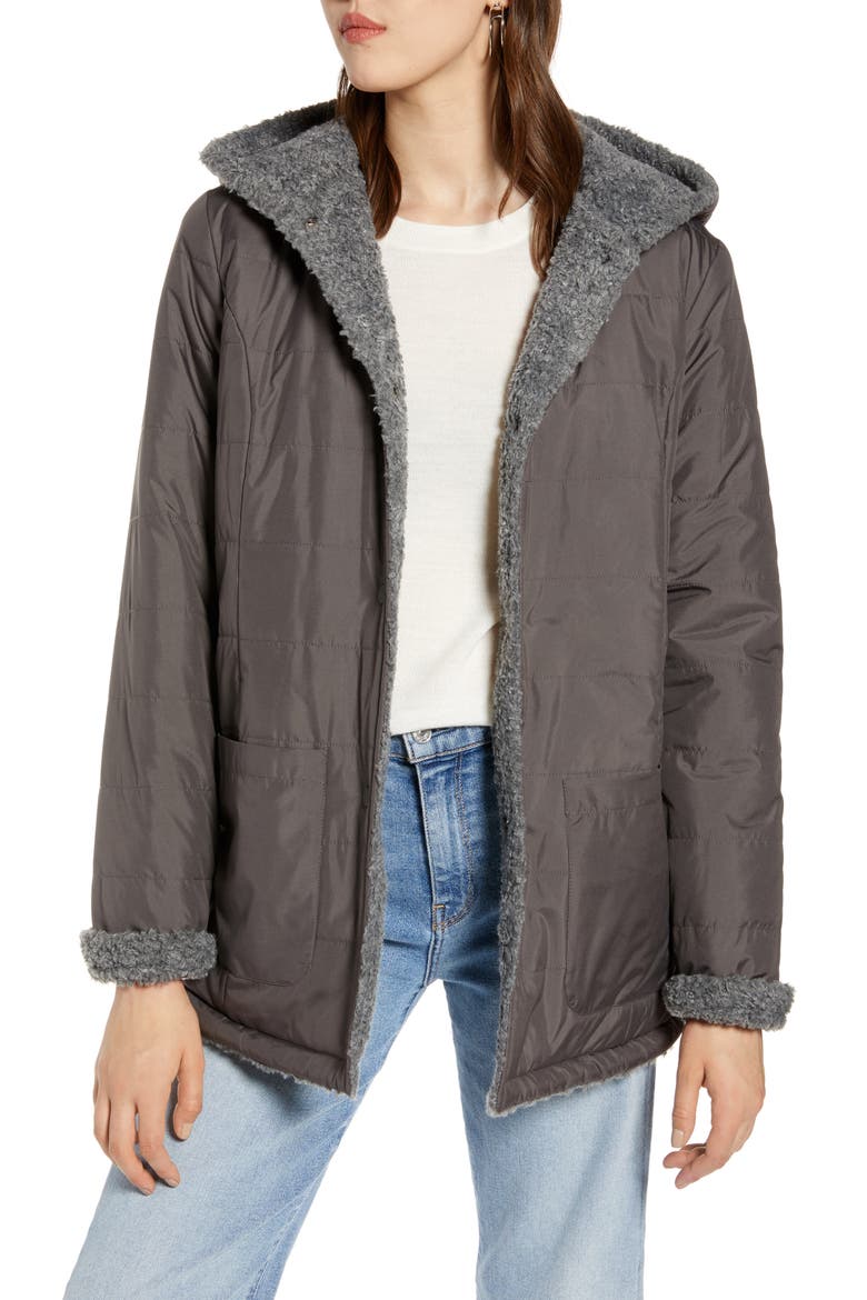 Reversible Faux Fur Hooded Coat, Alternate, color, GREY