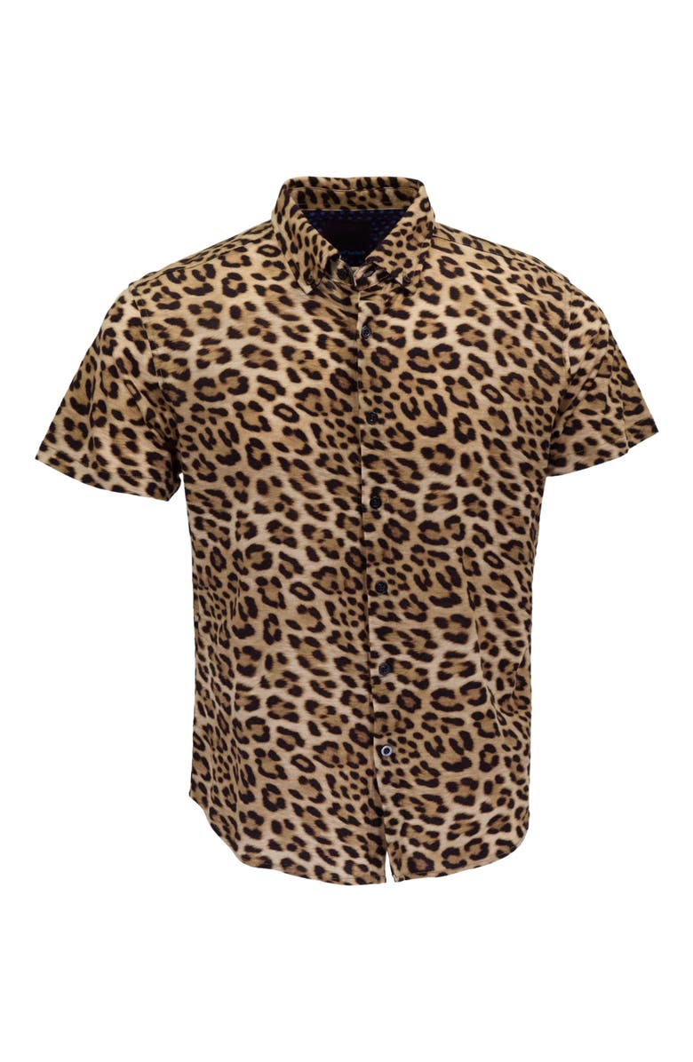 Lords of Harlech Leopard Mens Merino Wool Button-up Shirt, Alternate, color, Leopard Brown
