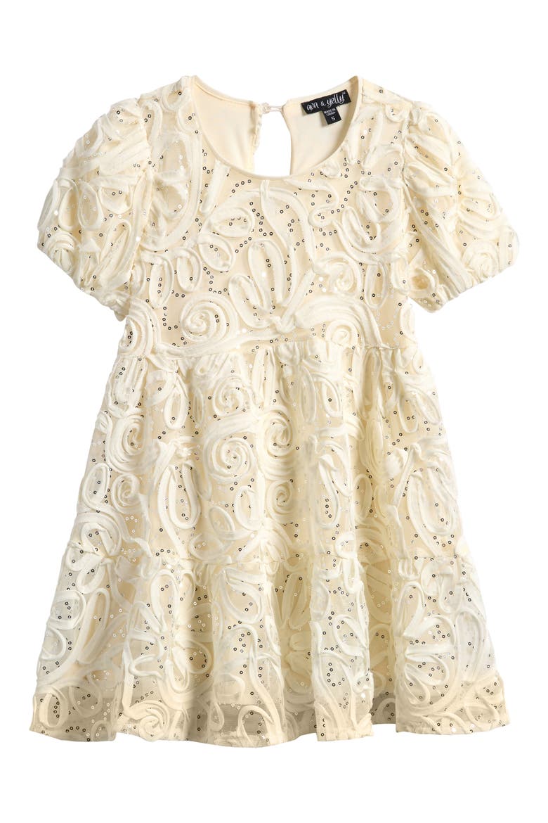 Kids' Soutache Sequin Puff Sleeve Babydoll Party Dress, Main, color, IVORY