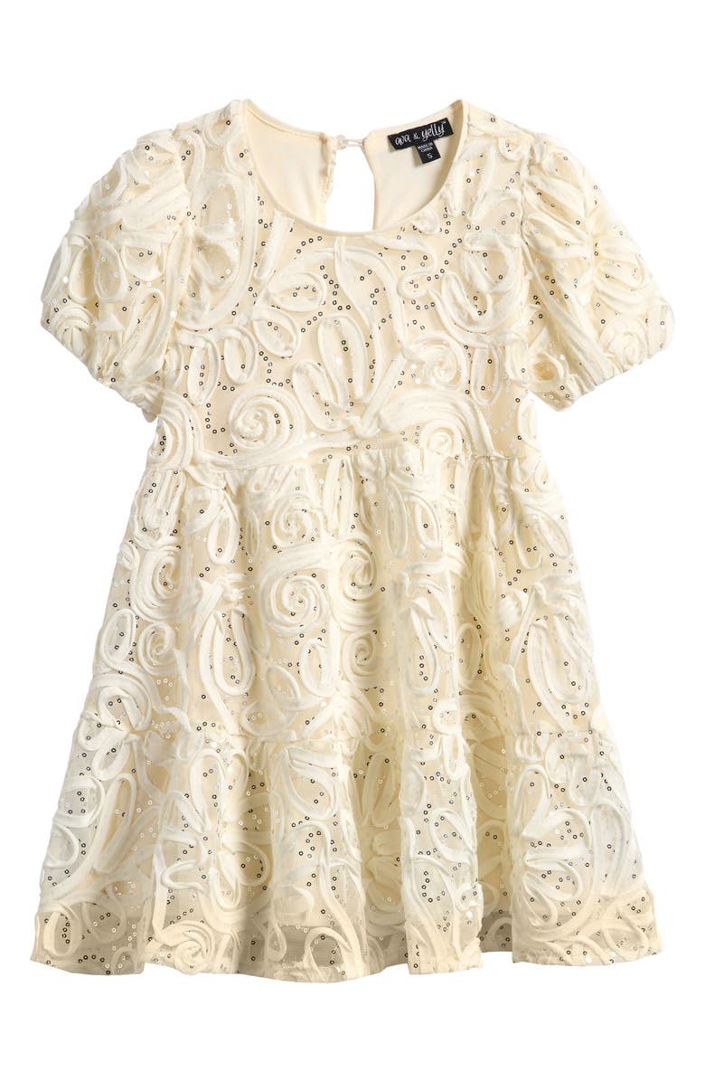 Ava & Yelly Kids' Soutache Sequin Puff Sleeve Babydoll Party Dress, Main, color, Ivory
