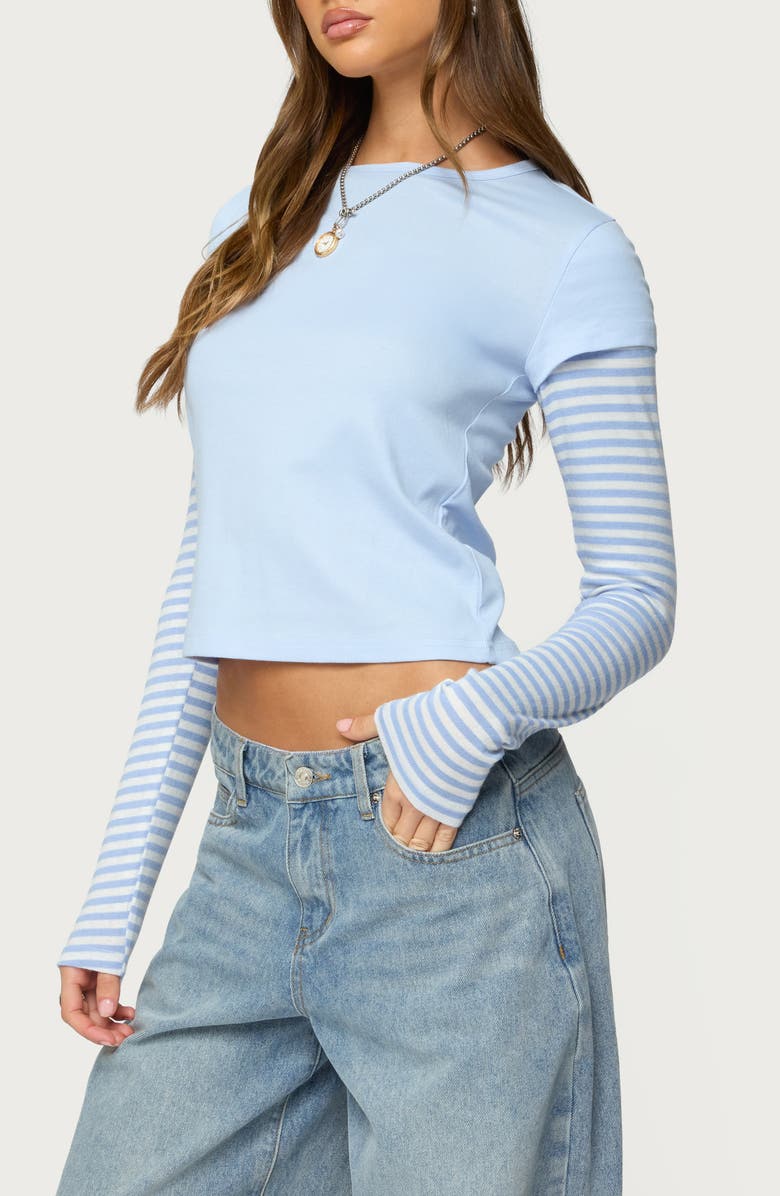 EDIKTED Stripey Layered Crop T-Shirt, Alternate, color, Light-Blue
