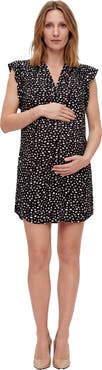 24seven Comfort Apparel Maternity Essential Dots Print V-Neck Round Hem Mini Pocket Shift Dress