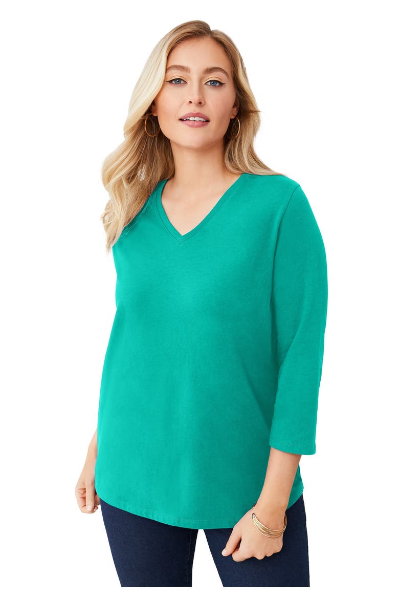 Stretch Cotton V Neck Tee, Main, color, AQUA SEA