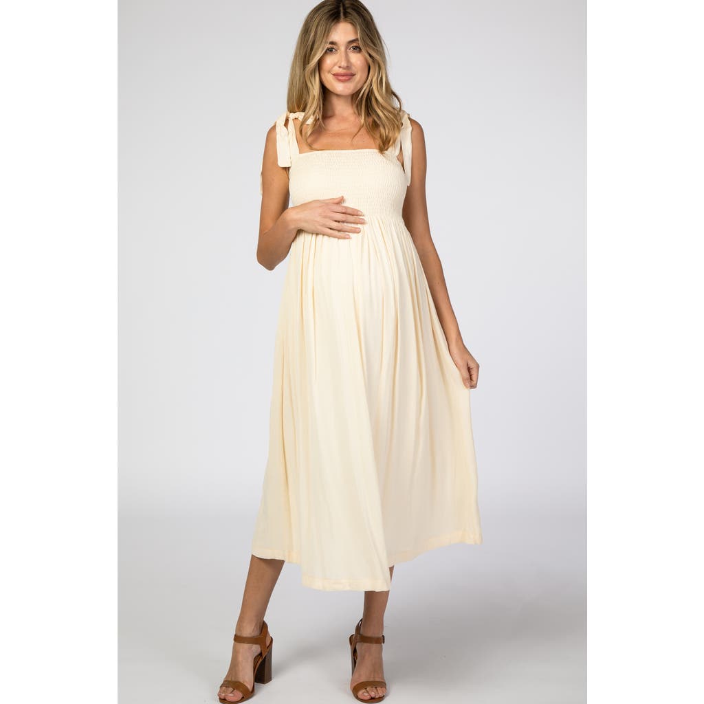 Pinkblush Smocked Tie Strap Midi Dress In White