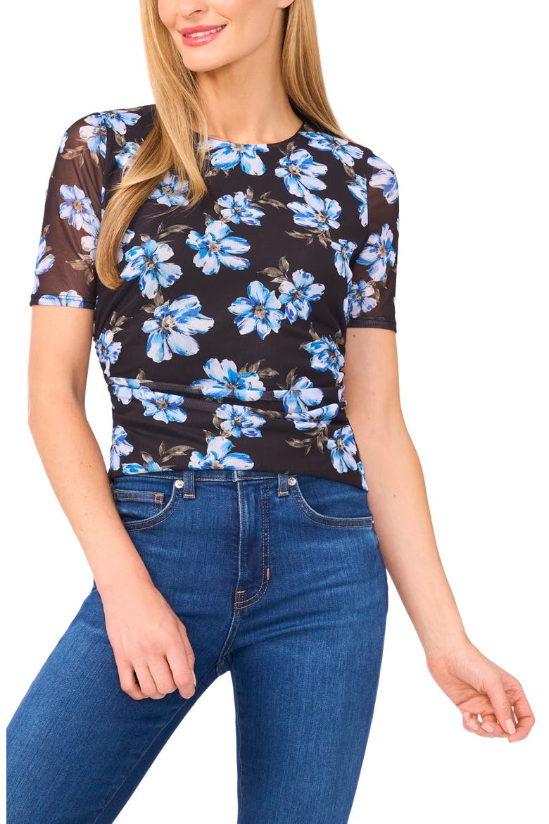 Ruched Side Mesh Top, Main, color, RICH BLACK