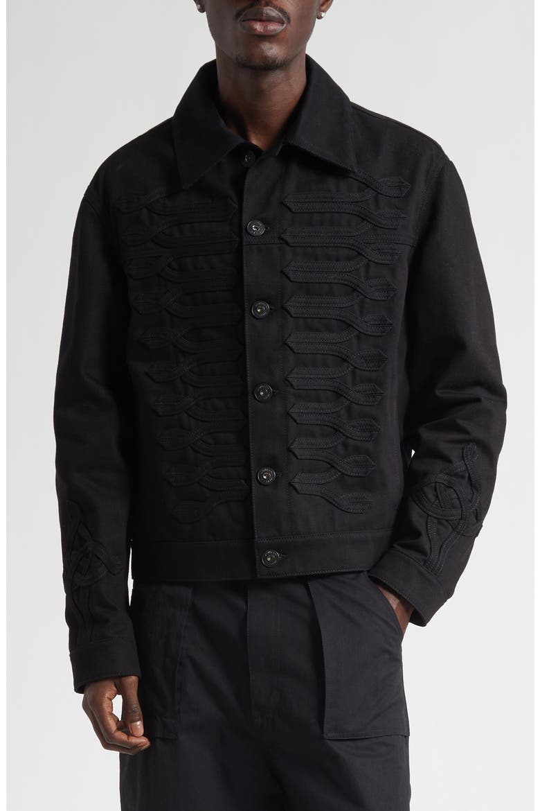 Frogged Cotton Denim Trucker Jacket, Main, color, BLACK