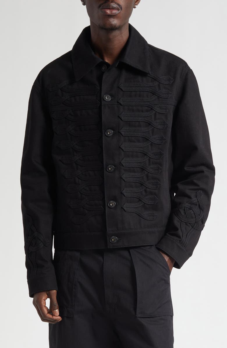 McQueen Frogged Cotton Denim Trucker Jacket, Main, color, Black