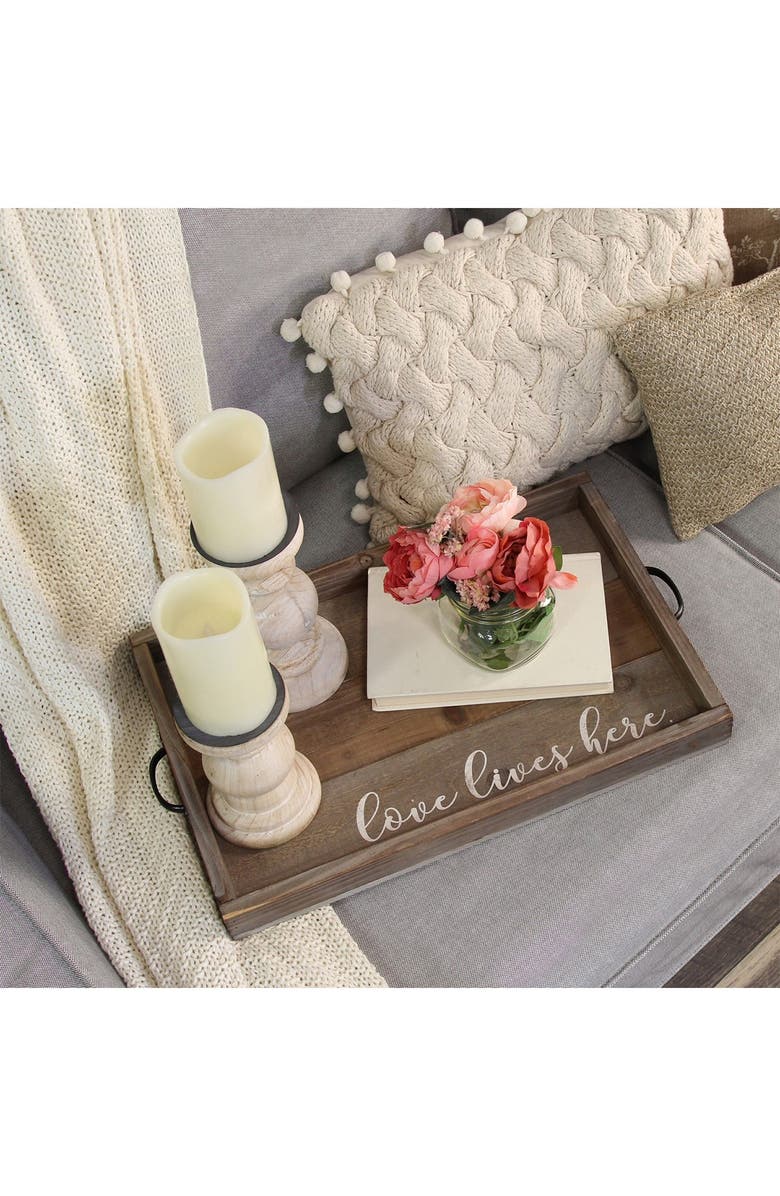 STRATTON HOME DECOR Natural Wood/White "Love Lives Here" Wood Tray, Alternate, color, 