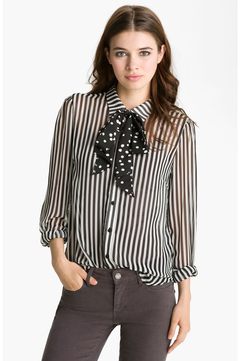Mix Print Tie Neck Shirt, Main, color, BLACK/ WHITE STRIPE