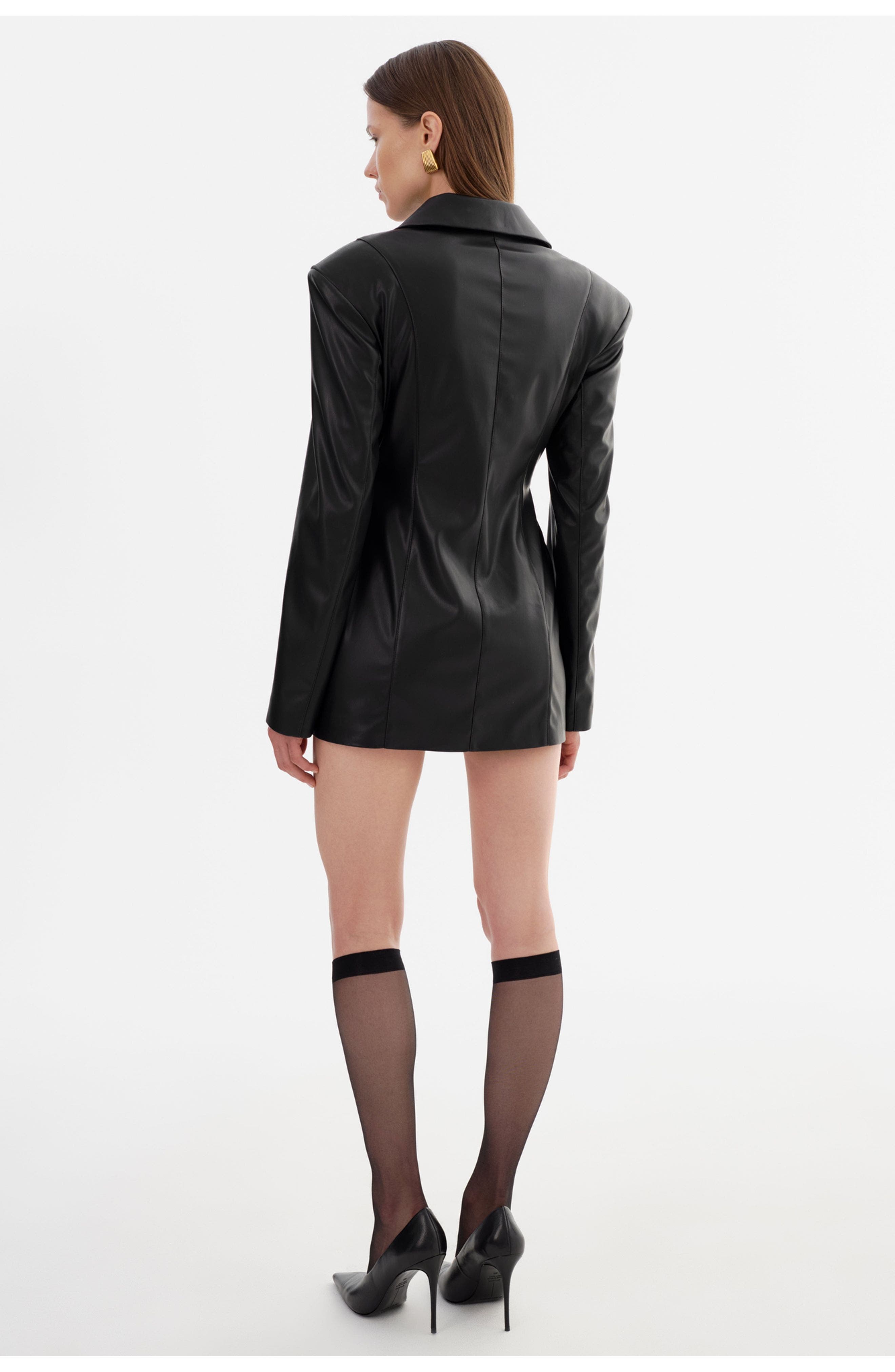 black leather blazer dress Long Sleeve Seam Detail Oversized Belted Blazer Dress In Black Faux Leather  | EGO EU