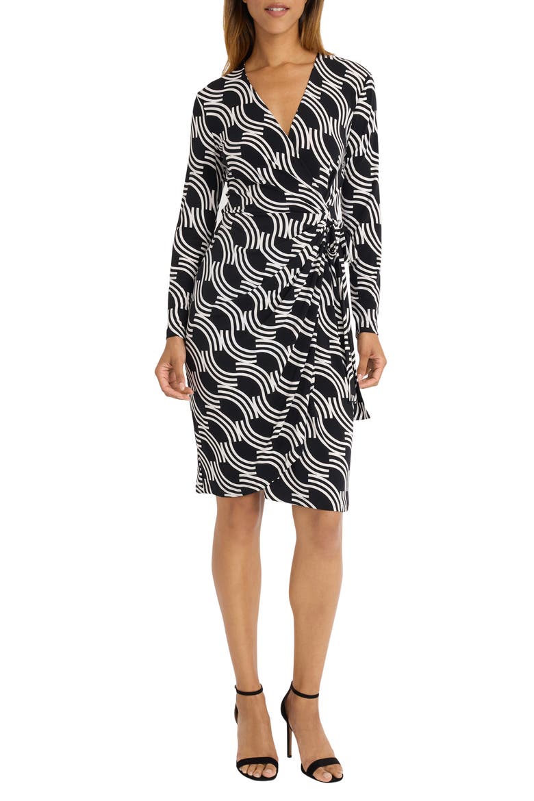 Long Sleeve Wrap Dress, Main, color, BLACK/ IVORY