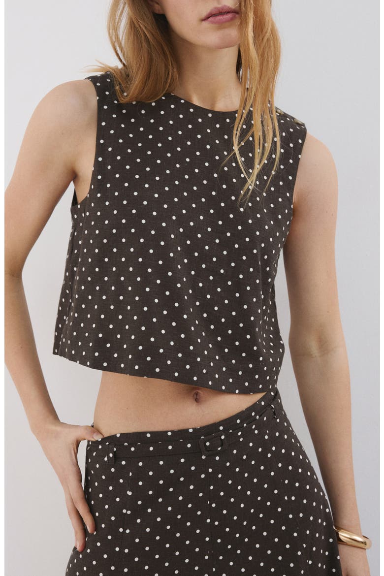 Polka Dot Sleeveless Linen Blend Crop Top, Main, color, BLACK