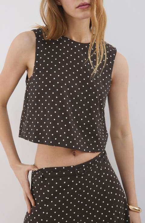 Polka Dot Sleeveless Linen Blend Crop Top