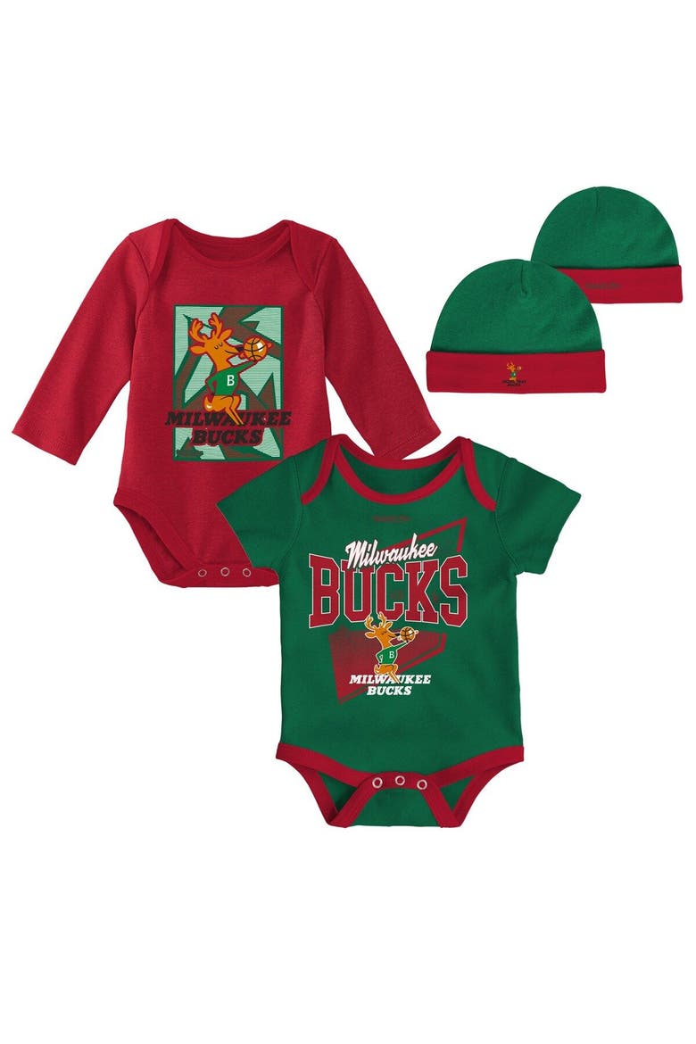 Infant Mitchell & Ness Hunter Green/Red Milwaukee Bucks Hardwood Classics Bodysuits & Cuffed Knit Hat Set, Main, color, Green