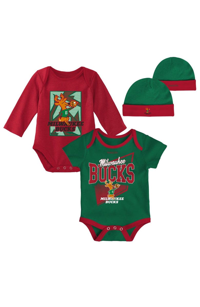 Mitchell & Ness Infant Mitchell & Ness Hunter Green/Red Milwaukee Bucks Hardwood Classics Bodysuits & Cuffed Knit Hat Set, Main, color, Green