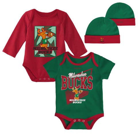 Infant Mitchell & Ness Hunter Green/Red Milwaukee Bucks Hardwood Classics Bodysuits & Cuffed Knit Hat Set