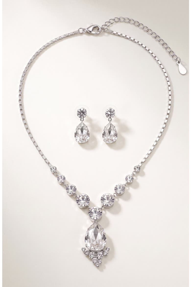 Elegant Teardrop Crystal Necklace Earrings Set, Main, color, Silver