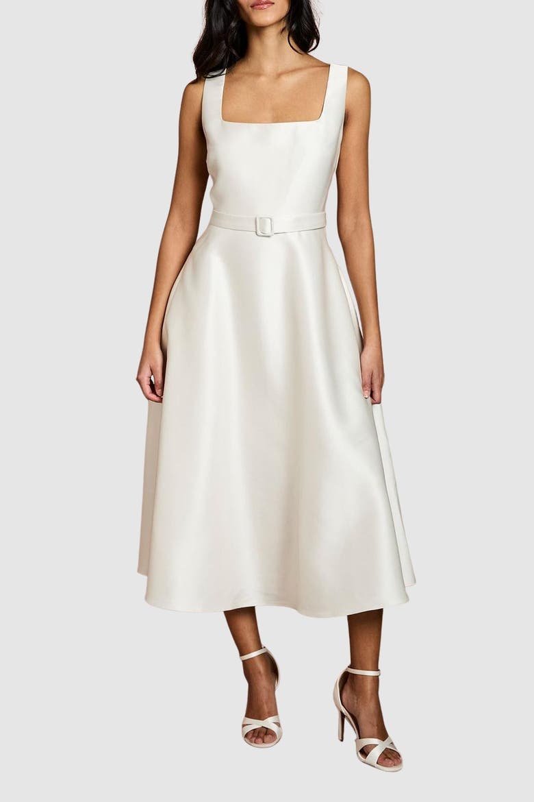 Petite Belted Midi Dress, Alternate, color, Champagne
