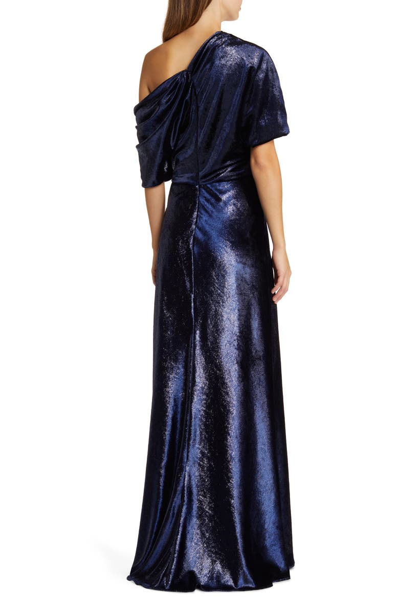 Amsale One-Shoulder Metallic Velvet Gown, Alternate, color, Navy
