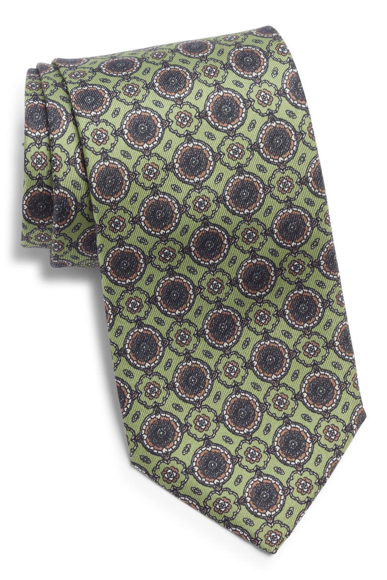 Cromwell Medallion Print Silk Tie, Main, color, LIGHT MOSS