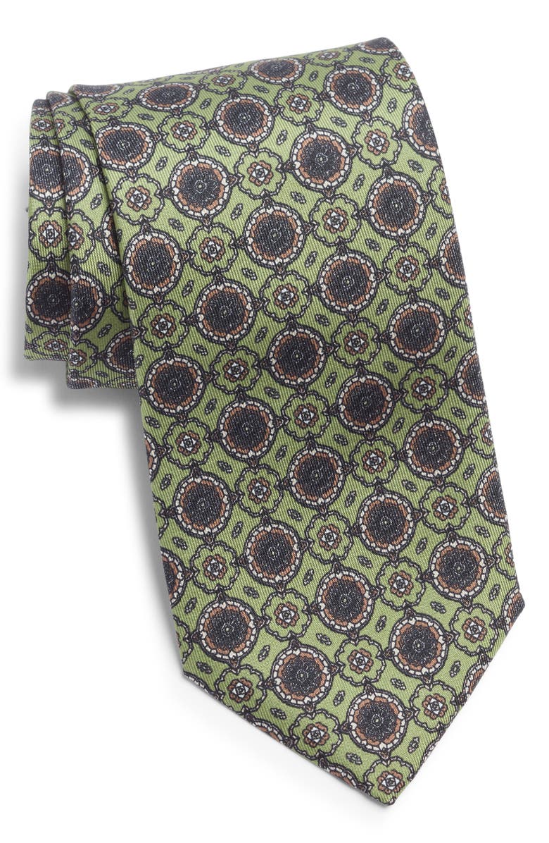 Jack Victor Cromwell Medallion Print Silk Tie, Main, color, Light Moss