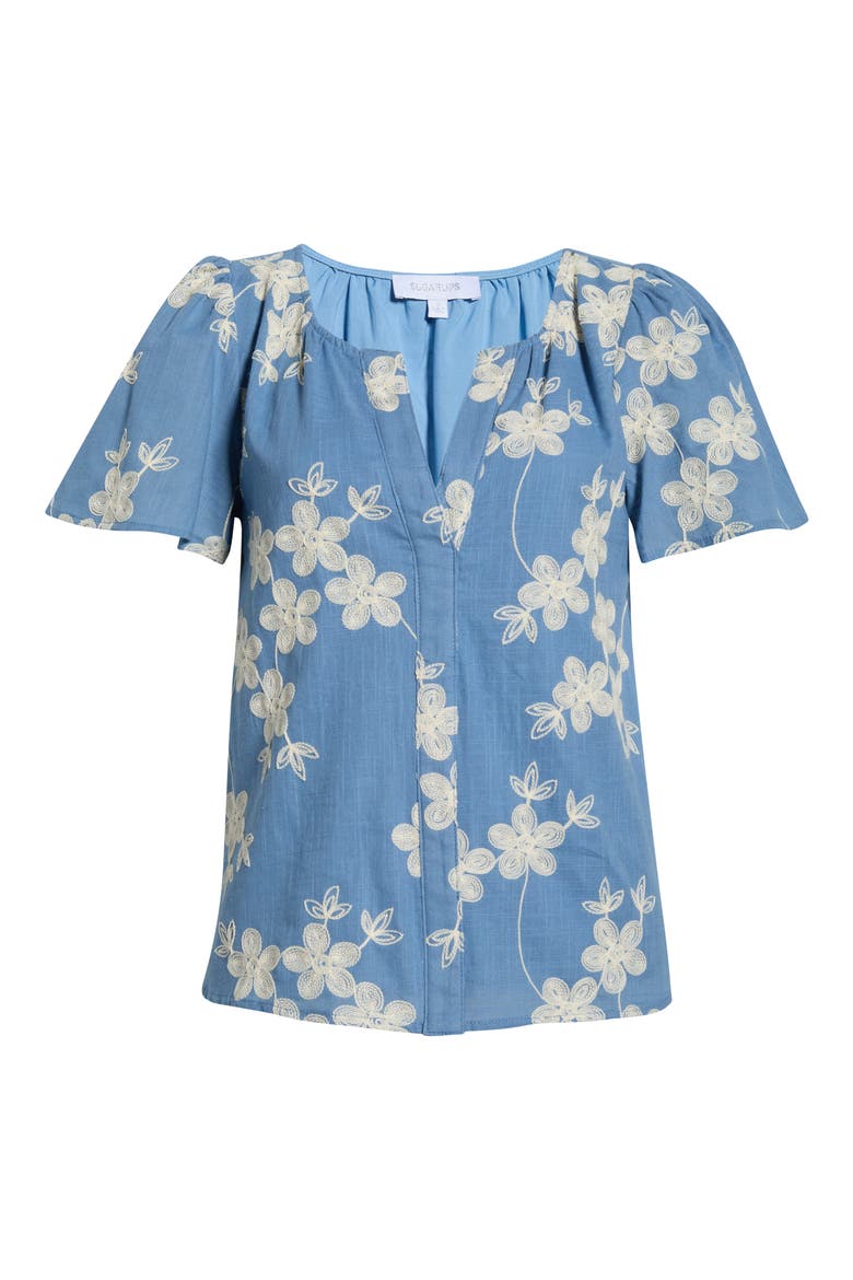 Keren Embroidered Split neck Top, Alternate, color, BLUE WHITE