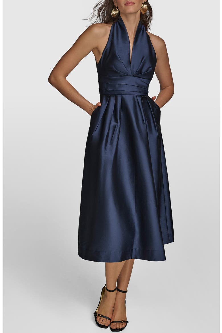 Plunge Neck Taffeta Midi Dress, Main, color, TAFFETA BLUE