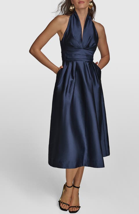 Plunge Neck Taffeta Midi Dress