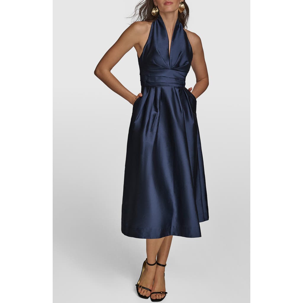 Donna Karan New York Plunge Neck Taffeta Midi Dress In Blue