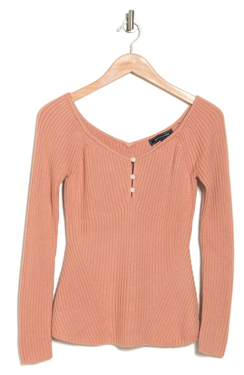 BCBGMAXAZRIA V-Neck Long Sleeve Rib Top, Alternate, color, 