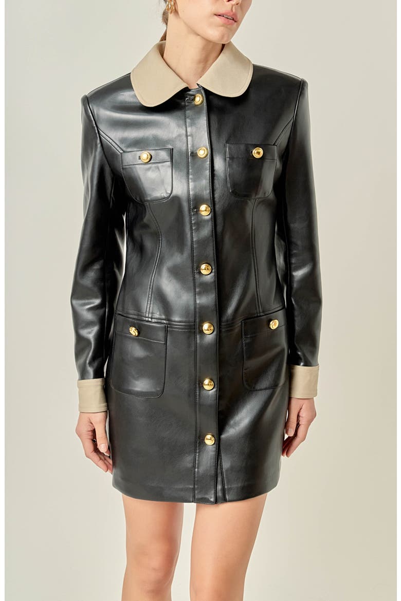 Faux Leather Long Sleeve Minidress, Alternate, color, BLACK