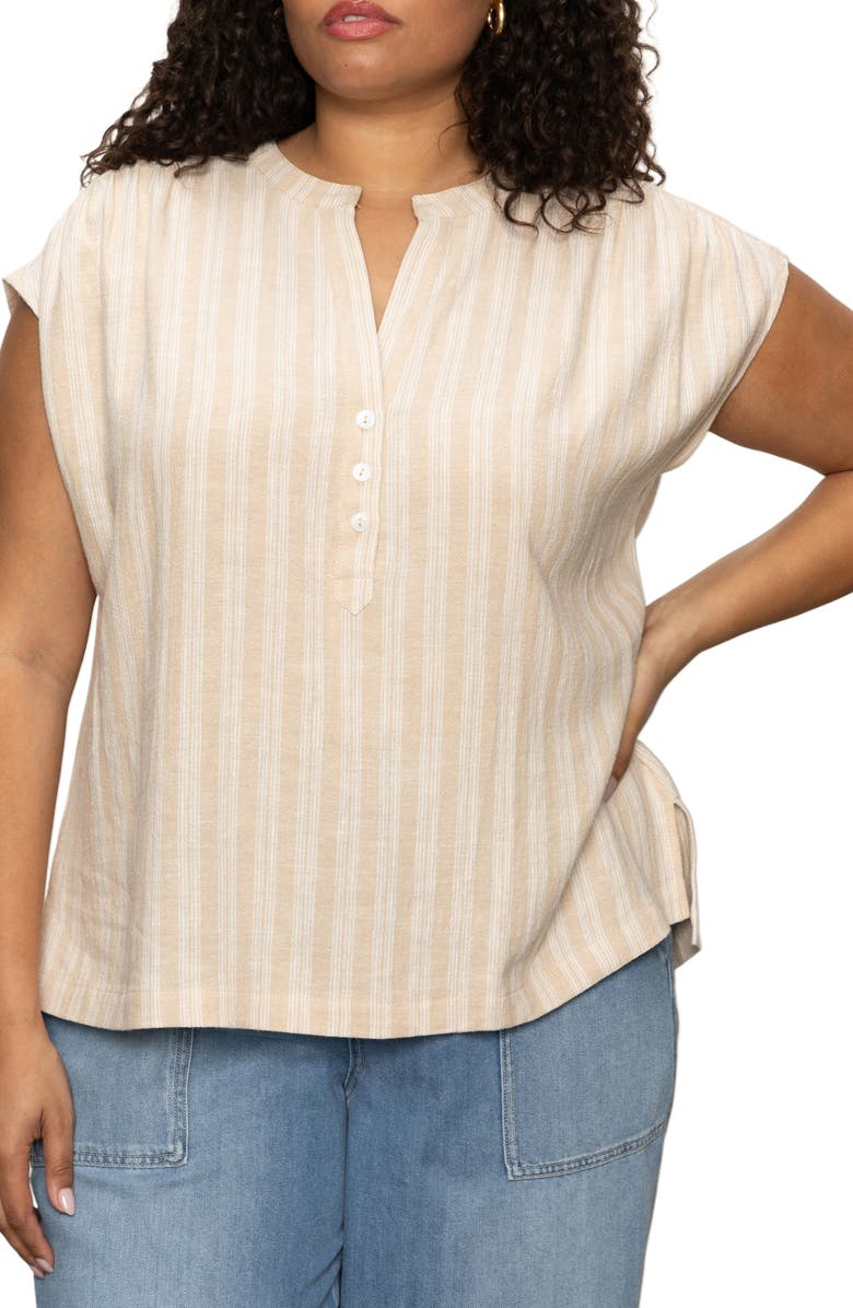 Sanctuary By The Bay Stripe Short Sleeve Linen Blend Button-Up Shirt, Main, color, Sandstone Stripe