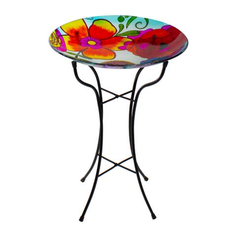 18" Multicolored Hand Painted Glass Floral Pattern Outdoor Patio Bird Bath