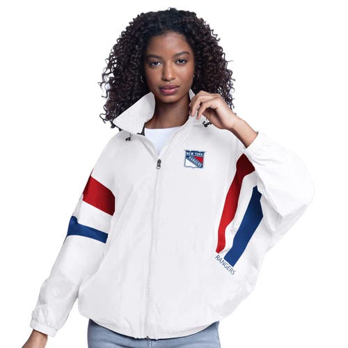 G-iii Sports By Carl Banks White New York Rangers Game News Oversized Full-zip Hoodie Jacket
